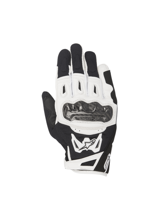 Alpinestars SMX-2 Air Carbon V2 Men's motorcycle gloves, black and white leather and mesh with carbon fiber knuckle guards.