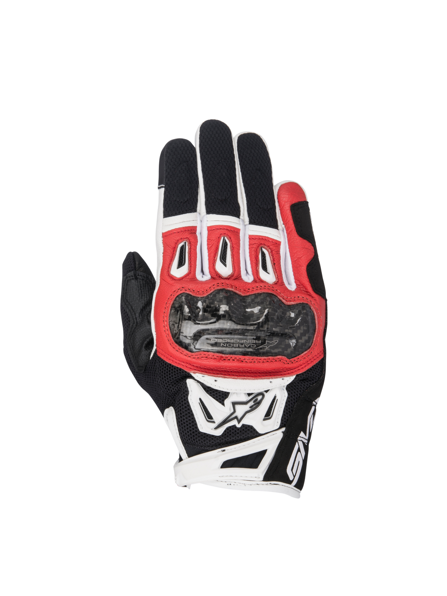 Alpinestars SMX-2 Air Carbon V2 motorcycle racing gloves in black, red, and white with carbon knuckle protection.