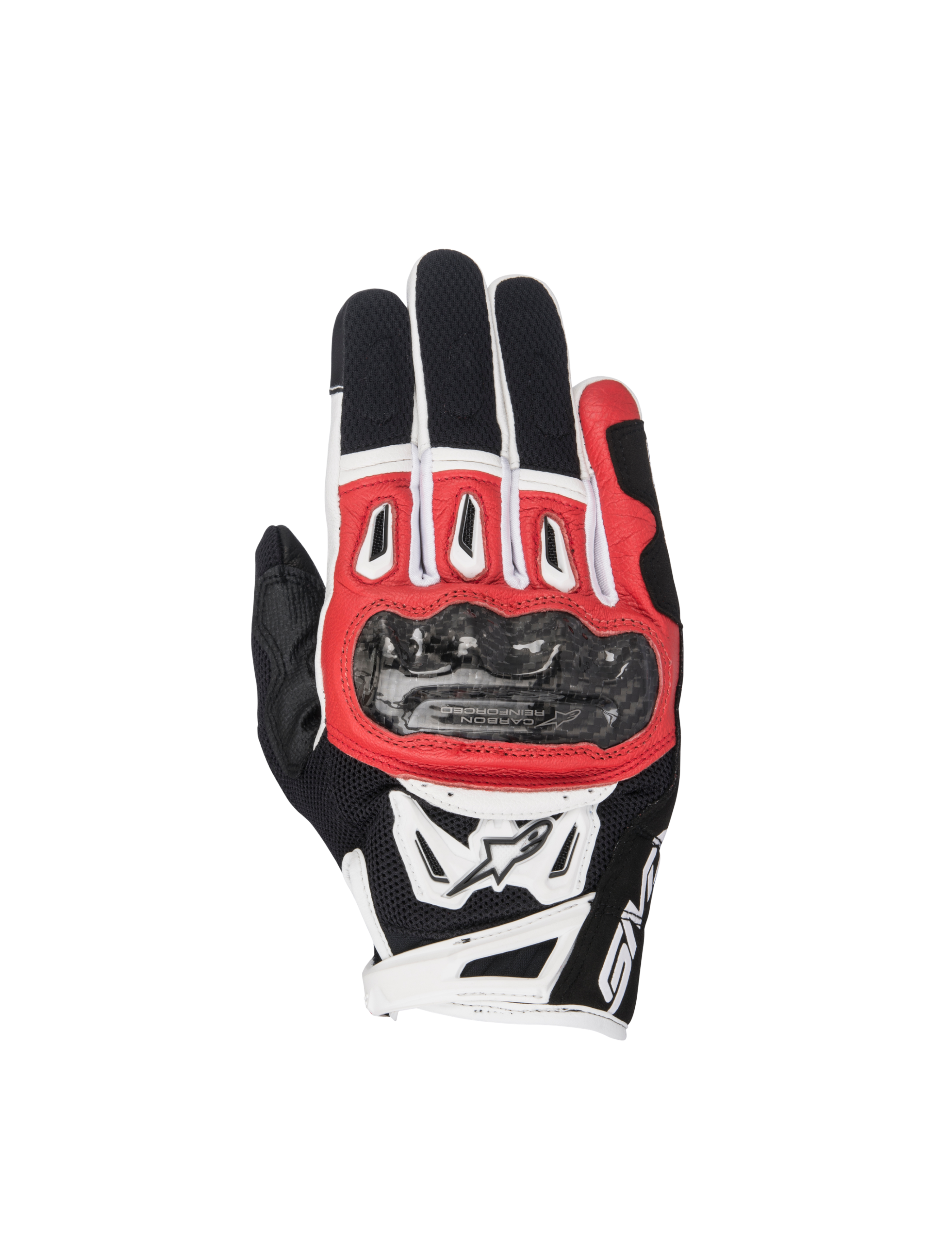 Alpinestars SMX-2 Air Carbon V2 motorcycle racing gloves in black, red, and white with carbon knuckle protection.