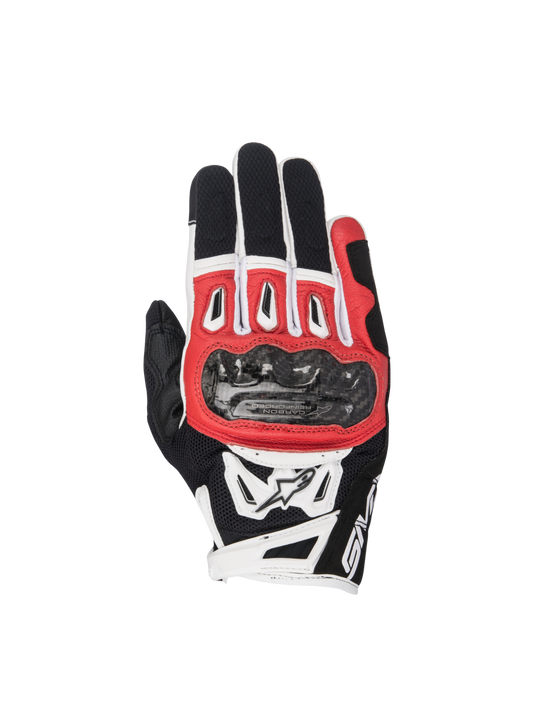 Alpinestars SMX-2 Air Carbon V2 motorcycle racing gloves in black, red, and white with carbon knuckle protection.