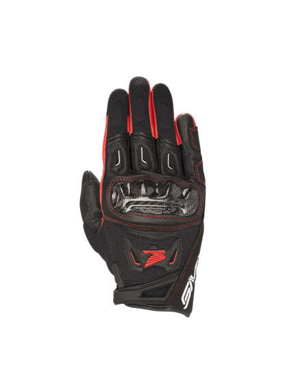 Alpinestars Honda SMX-2 Air Carbon V2 road gloves for men, black and red, with carbon knuckle guards and breathable mesh.
