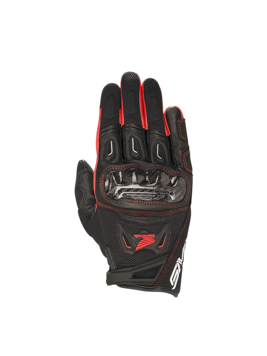 Alpinestars Honda SMX-2 Air Carbon V2 road gloves for men, black and red, with carbon knuckle guards and breathable mesh.