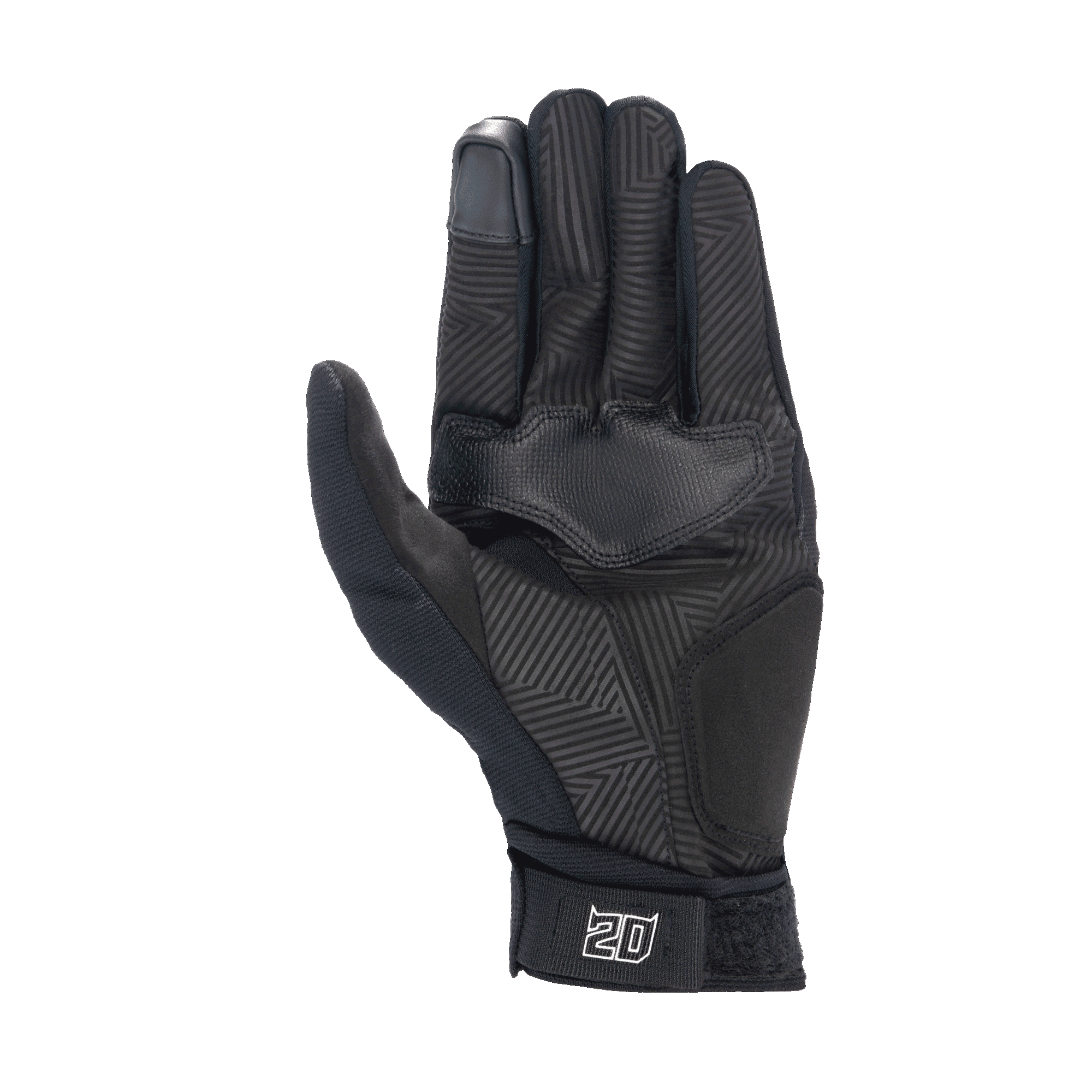 Alpinestars FQ20 Reef Monster Gloves, black men's urban motorcycle gloves with a maze-patterned palm and white 20 logo.