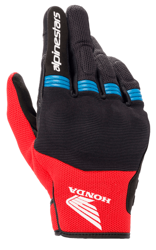 Alpinestars Honda Copper Glove, Motorcycle Gloves, Black and Bright Red with Blue accents, featuring Honda wing logo on the backhand, Alpinestars branding on the index finger, mesh construction with accordion finger details, short cuff urban style