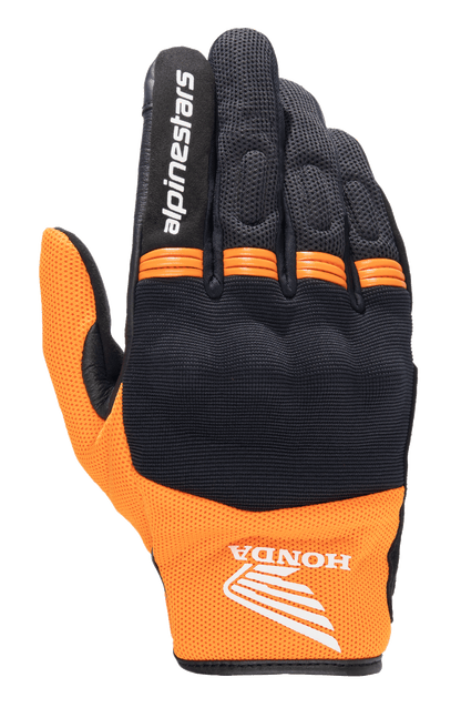 Alpinestars Honda Copper Glove, Lightweight Urban Motorcycle Glove, Black and Orange, featuring the Honda wing logo on the wrist, Alpinestars text on the index finger, mesh construction, and orange accordion panels on knuckles.