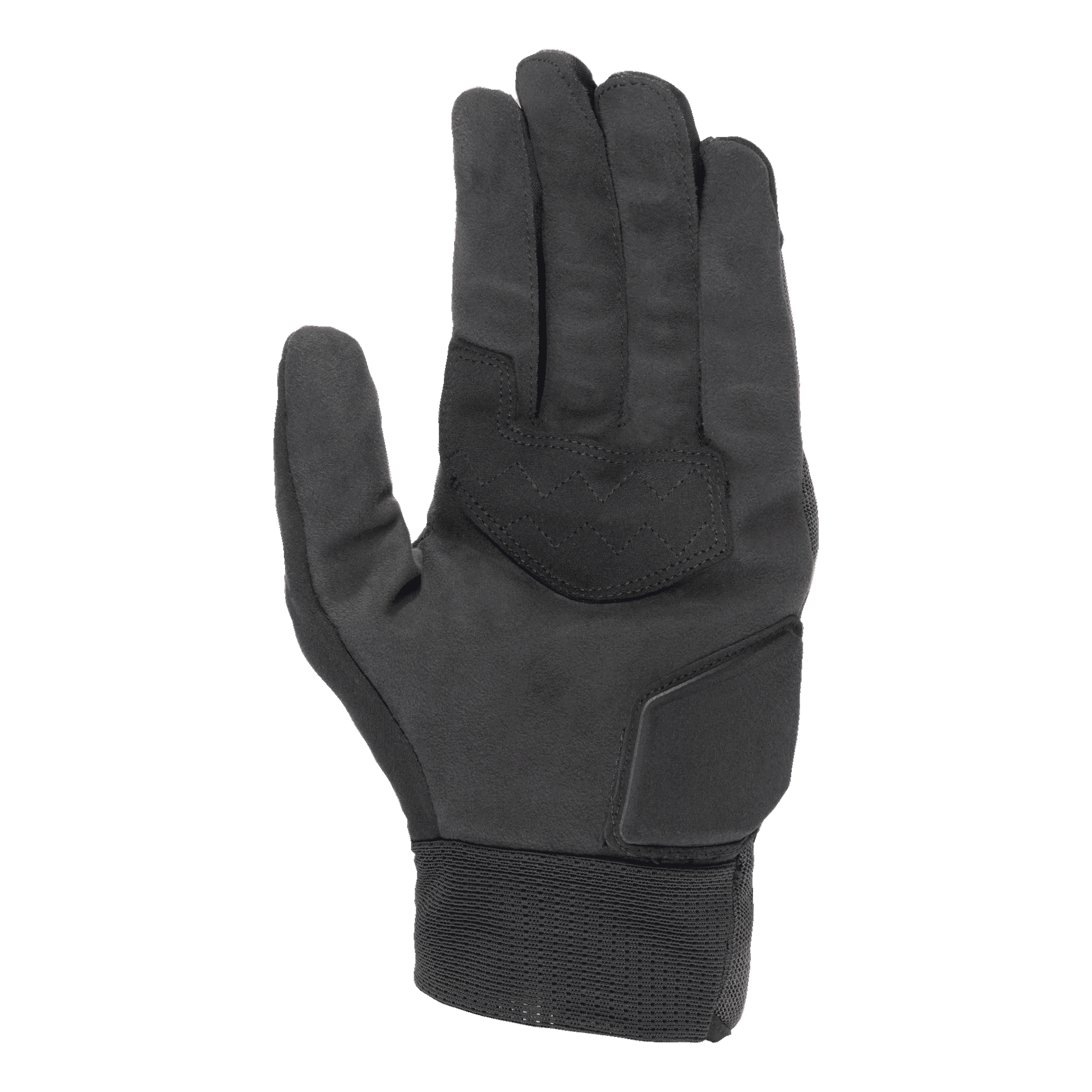 Alpinestars Stated Air Gloves, Black, palm view showing soft synthetic suede texture, reinforced palm with zigzag stitching for grip, padded heel protection, and a ribbed elastic cuff