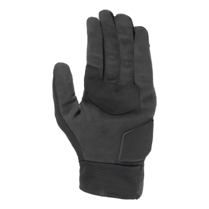 Alpinestars Stated Air Gloves, Black, palm view showing soft synthetic suede texture, reinforced palm with zigzag stitching for grip, padded heel protection, and a ribbed elastic cuff