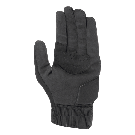Alpinestars Stated Air Gloves, Black, palm view showing soft synthetic suede texture, reinforced palm with zigzag stitching for grip, padded heel protection, and a ribbed elastic cuff