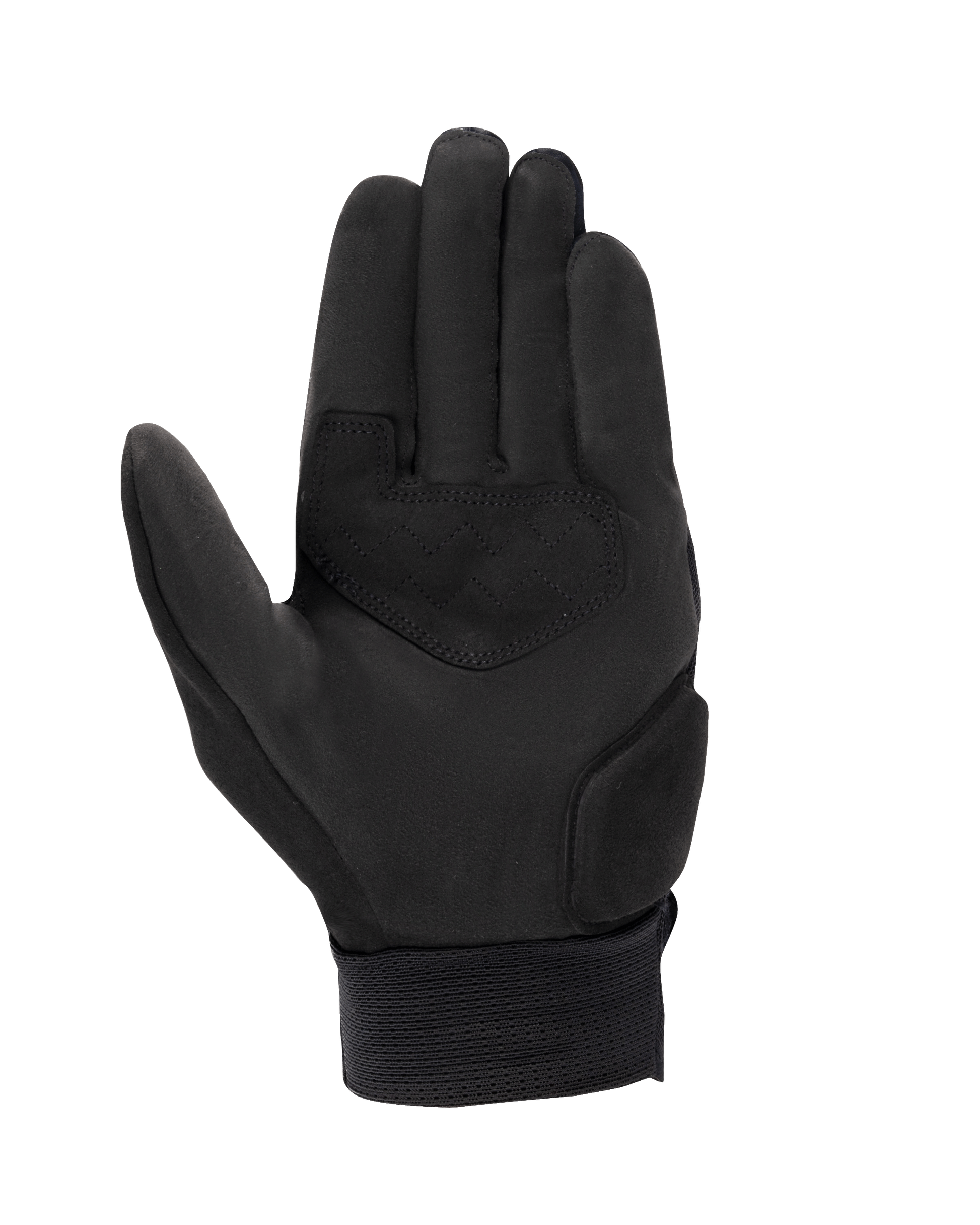 Alpinestars Stated Air Gloves, Motorcycle Gloves, Black, palm view featuring synthetic suede construction, reinforced palm patch with zigzag stitching, and ribbed elastic wrist cuff, urban summer riding gear