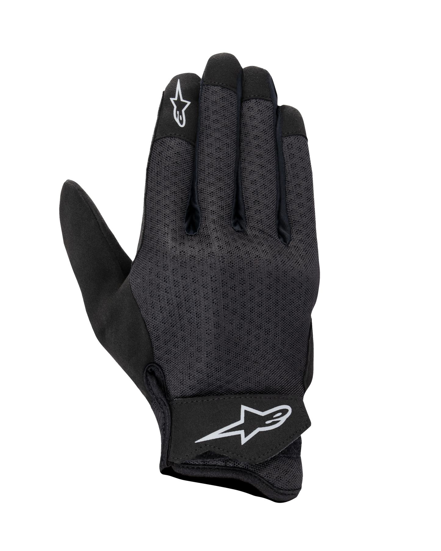 Alpinestars Stated Air Gloves, Motorcycle Gloves, Black, mesh backhand for maximum ventilation, white star logos on index finger and wrist strap, adjustable Velcro closure, lightweight synthetic material, streamlined urban design