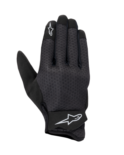 Alpinestars Stated Air Gloves, Motorcycle Gloves, Black, mesh backhand for maximum ventilation, white star logos on index finger and wrist strap, adjustable Velcro closure, lightweight synthetic material, streamlined urban design