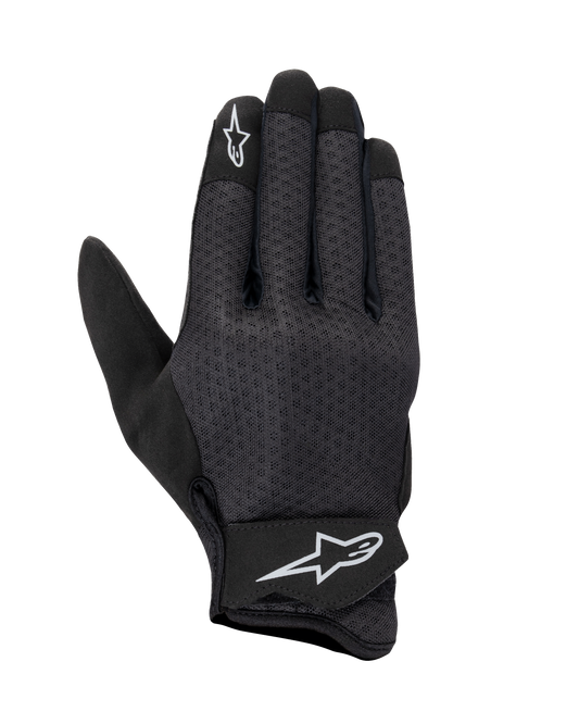 Alpinestars Stated Air Gloves, Motorcycle Gloves, Black, mesh backhand for maximum ventilation, white star logos on index finger and wrist strap, adjustable Velcro closure, lightweight synthetic material, streamlined urban design