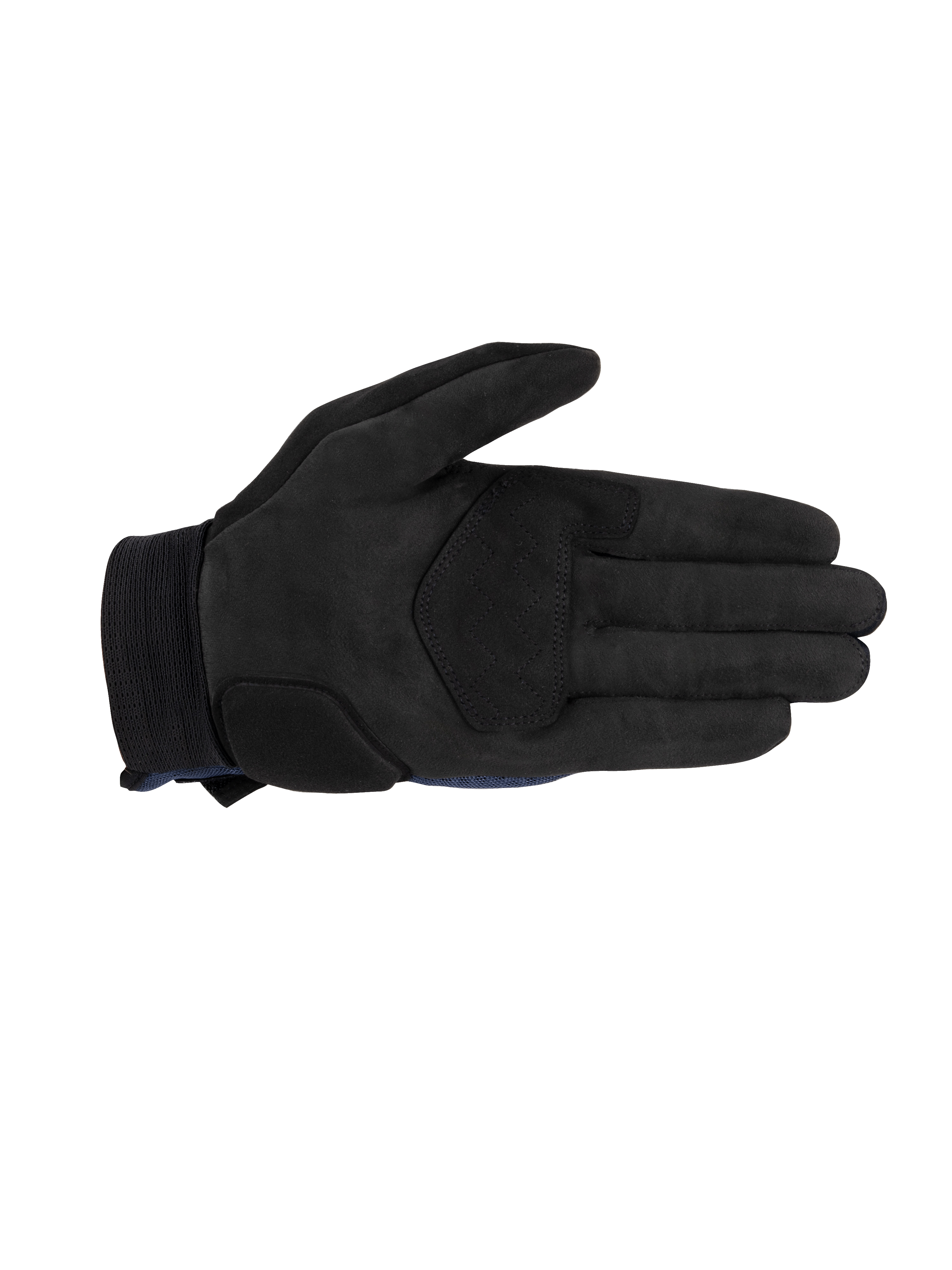 Alpinestars Stated Air Gloves, Motorcycle Gloves, Dark Blue and Black, palm side view showing black synthetic suede construction, reinforcement patches with zig-zag stitching, and elasticated wrist closure.