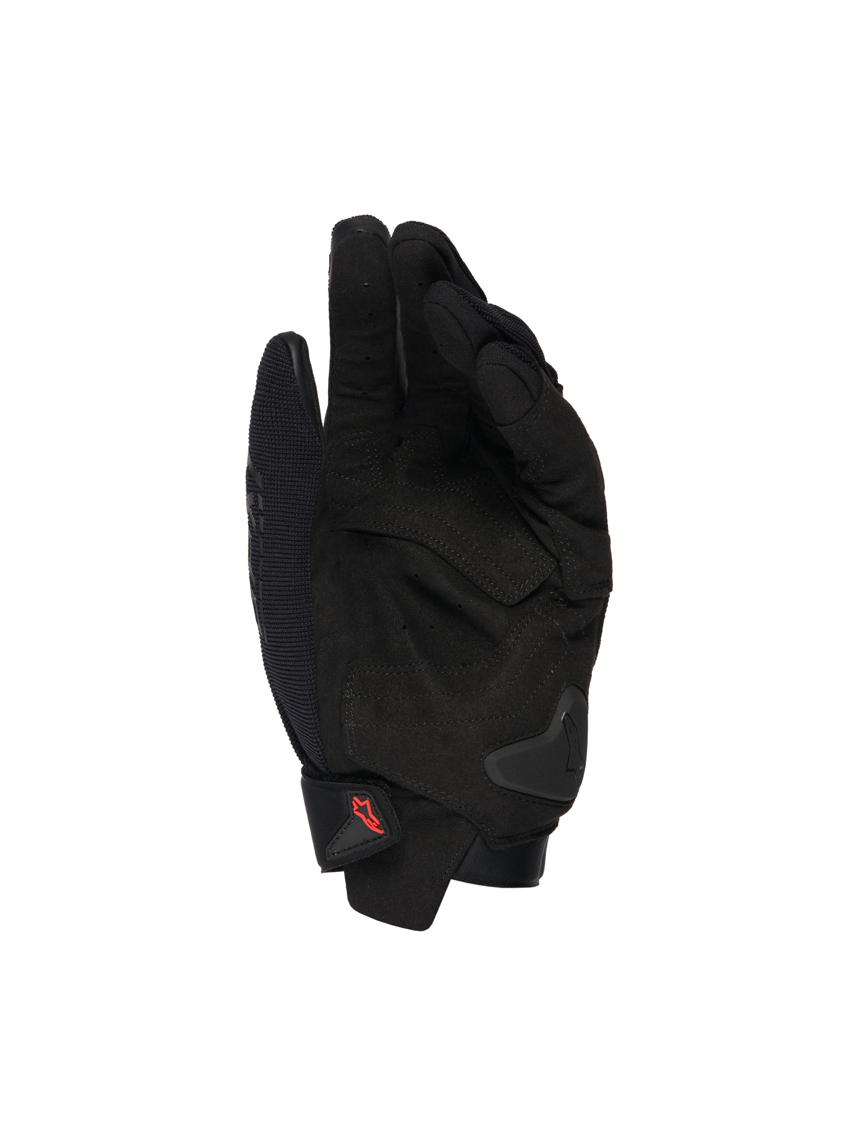 Alpinestars SP X 1 Gloves, Black motorcycle gloves, palm view showing synthetic leather overlays, reinforced strike zones, TPR palm slider, short cuff closure with red logo, sport riding protection