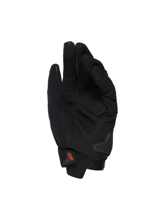 Alpinestars SP X 1 Gloves, Black motorcycle gloves, palm view showing synthetic leather overlays, reinforced strike zones, TPR palm slider, short cuff closure with red logo, sport riding protection