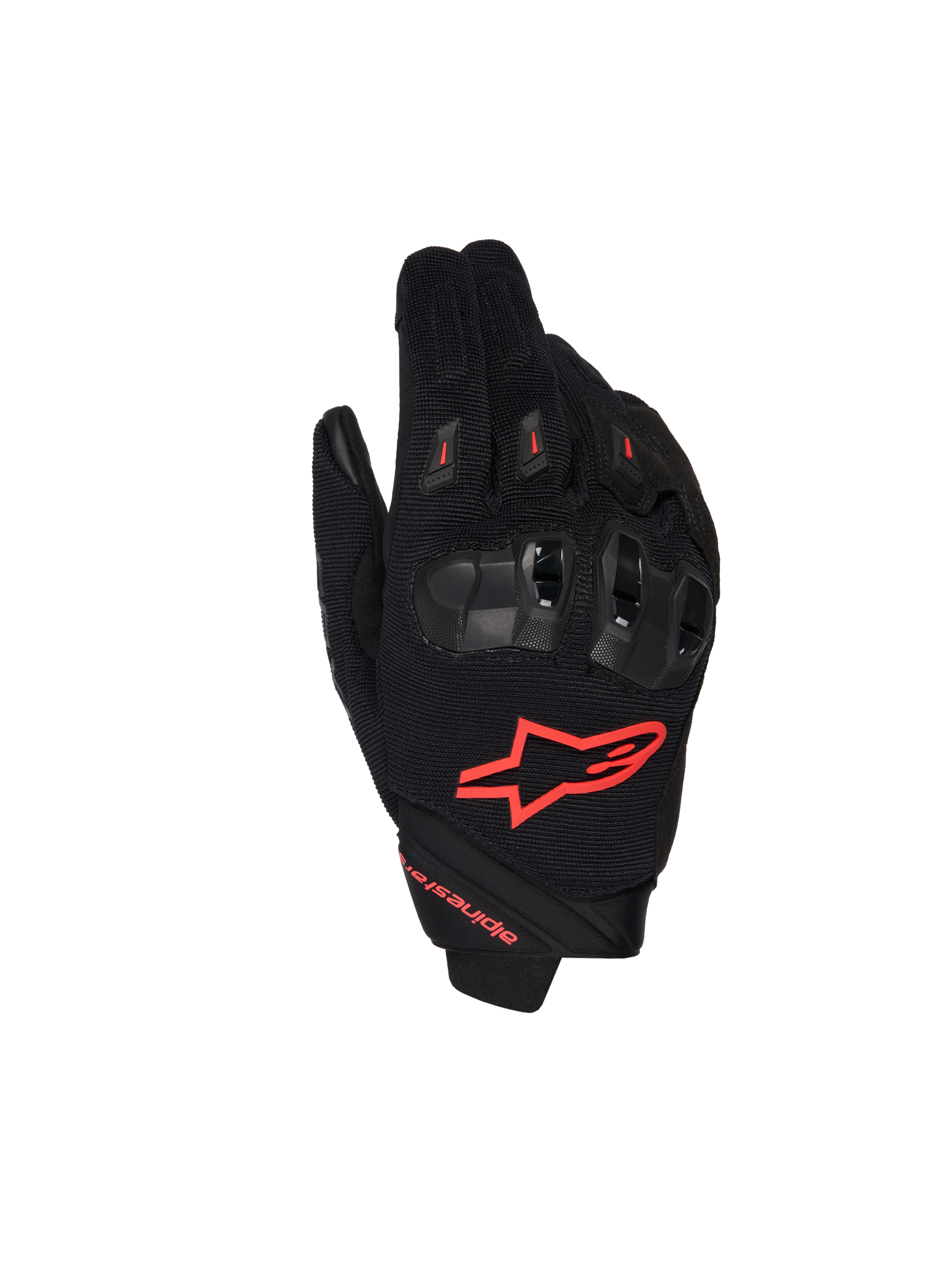Alpinestars SP X 1 Gloves, Motorcycle Racing Gloves, Black and Red Fluo, featuring a red logo on the backhand, ergonomic black knuckle protectors, mesh textile construction, and sleek short-cuff design for sport riding