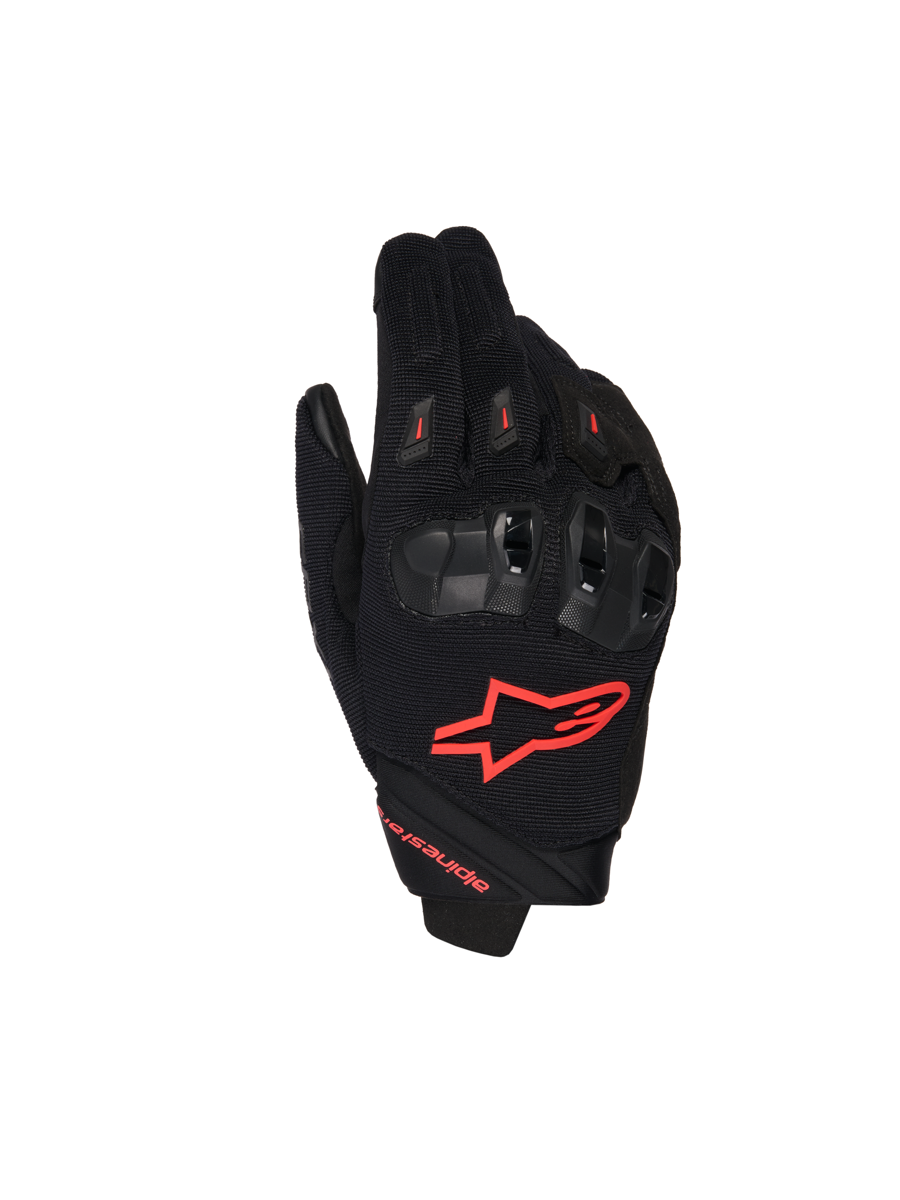 Alpinestars SP X 1 Gloves, Motorcycle Racing Gloves, Black and Red Fluo, featuring a red logo on the backhand, ergonomic black knuckle protectors, mesh textile construction, and sleek short-cuff design for sport riding