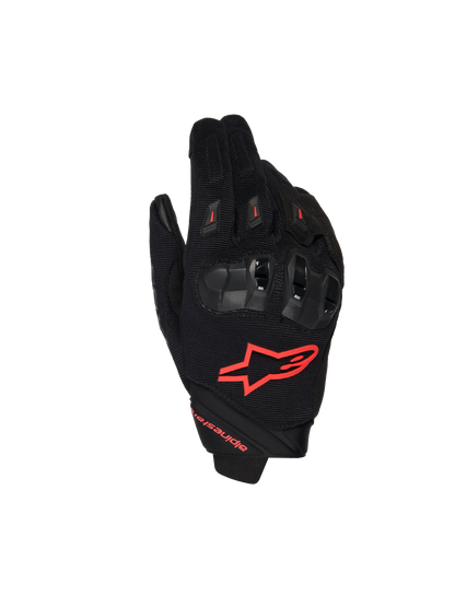 Alpinestars SP X 1 Gloves, Motorcycle Racing Gloves, Black and Red Fluo, featuring a red logo on the backhand, ergonomic black knuckle protectors, mesh textile construction, and sleek short-cuff design for sport riding
