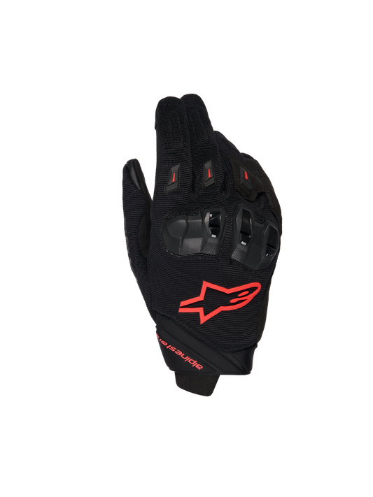Alpinestars SP X 1 Gloves, Motorcycle Racing Gloves, Black and Red Fluo, featuring a red logo on the backhand, ergonomic black knuckle protectors, mesh textile construction, and sleek short-cuff design for sport riding