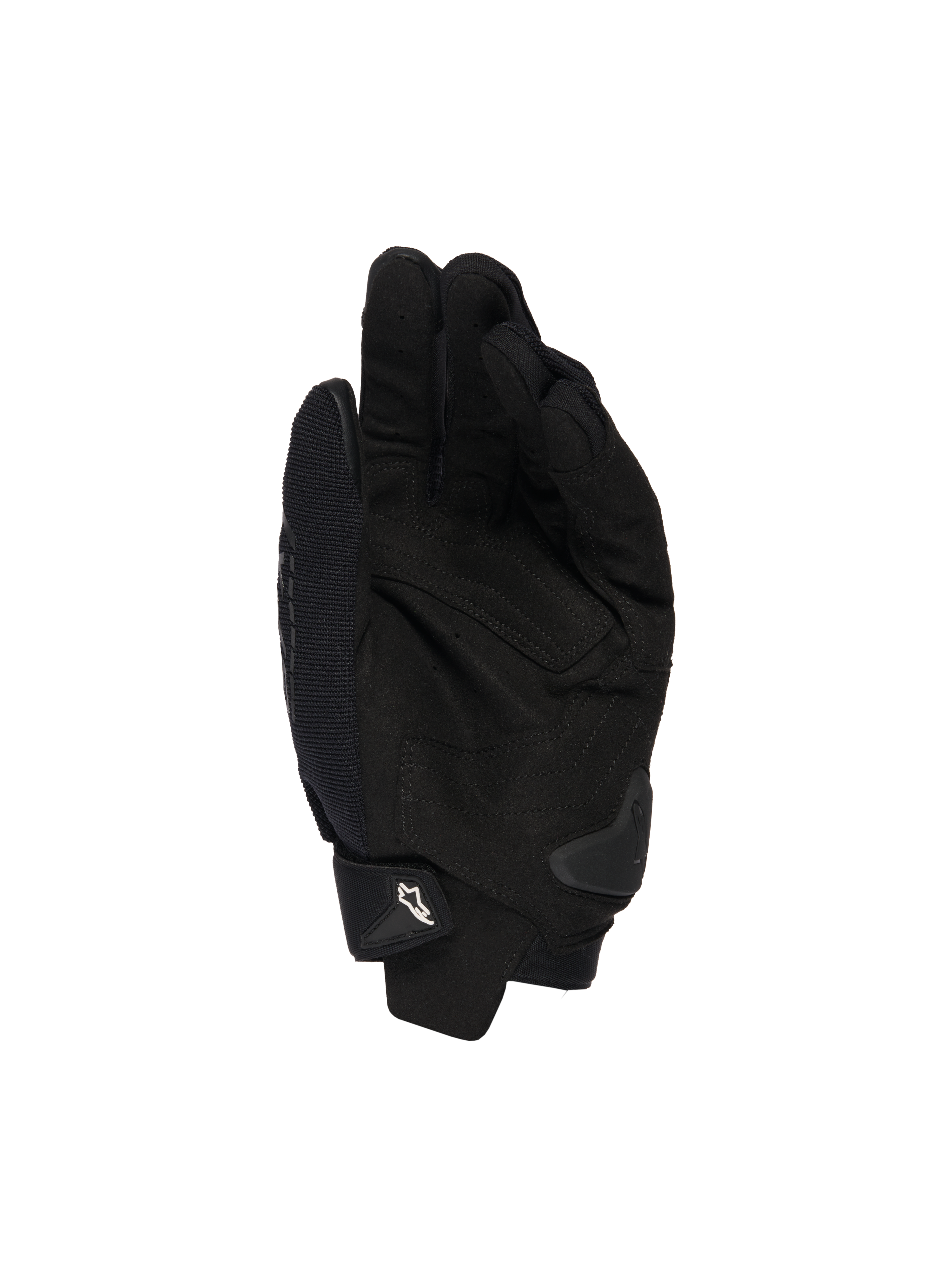 Alpinestars SP X 1 Gloves, Black, palm view showing synthetic leather construction for grip, TPR palm slider for impact protection, and adjustable cuff with white Alpinestars logo, motorcycle sport gear