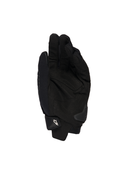 Alpinestars SP X 1 Gloves, Black, palm view showing synthetic leather construction for grip, TPR palm slider for impact protection, and adjustable cuff with white Alpinestars logo, motorcycle sport gear