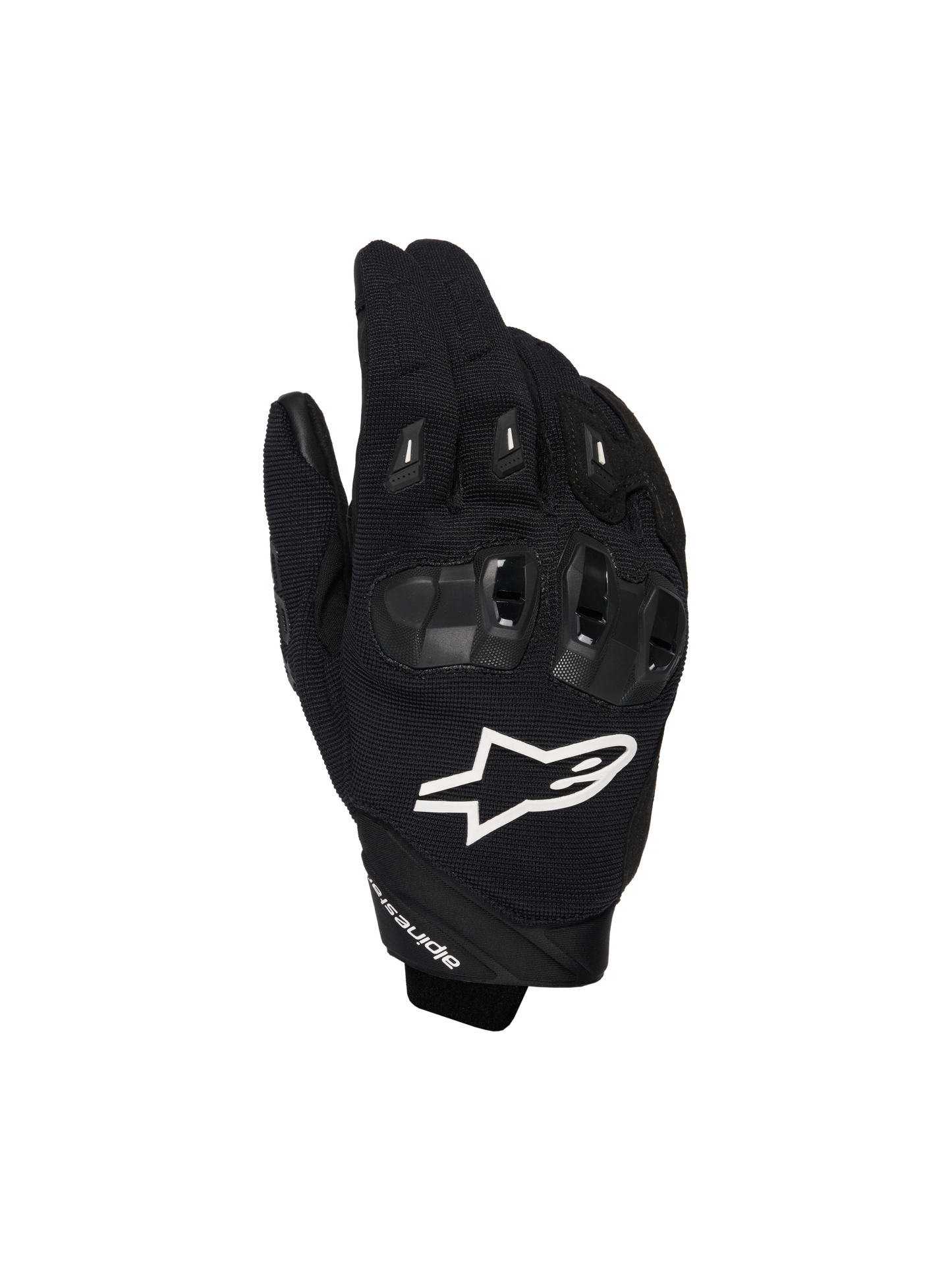 Alpinestars SP X 1 Gloves, Motorcycle Sport Gloves, Black with White Logo, top view showing TPR knuckle protection and ventilated mesh fabric, protective gear for road and sport riding