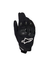 Alpinestars SP X 1 Gloves, Motorcycle Sport Gloves, Black with White Logo, top view showing TPR knuckle protection and ventilated mesh fabric, protective gear for road and sport riding