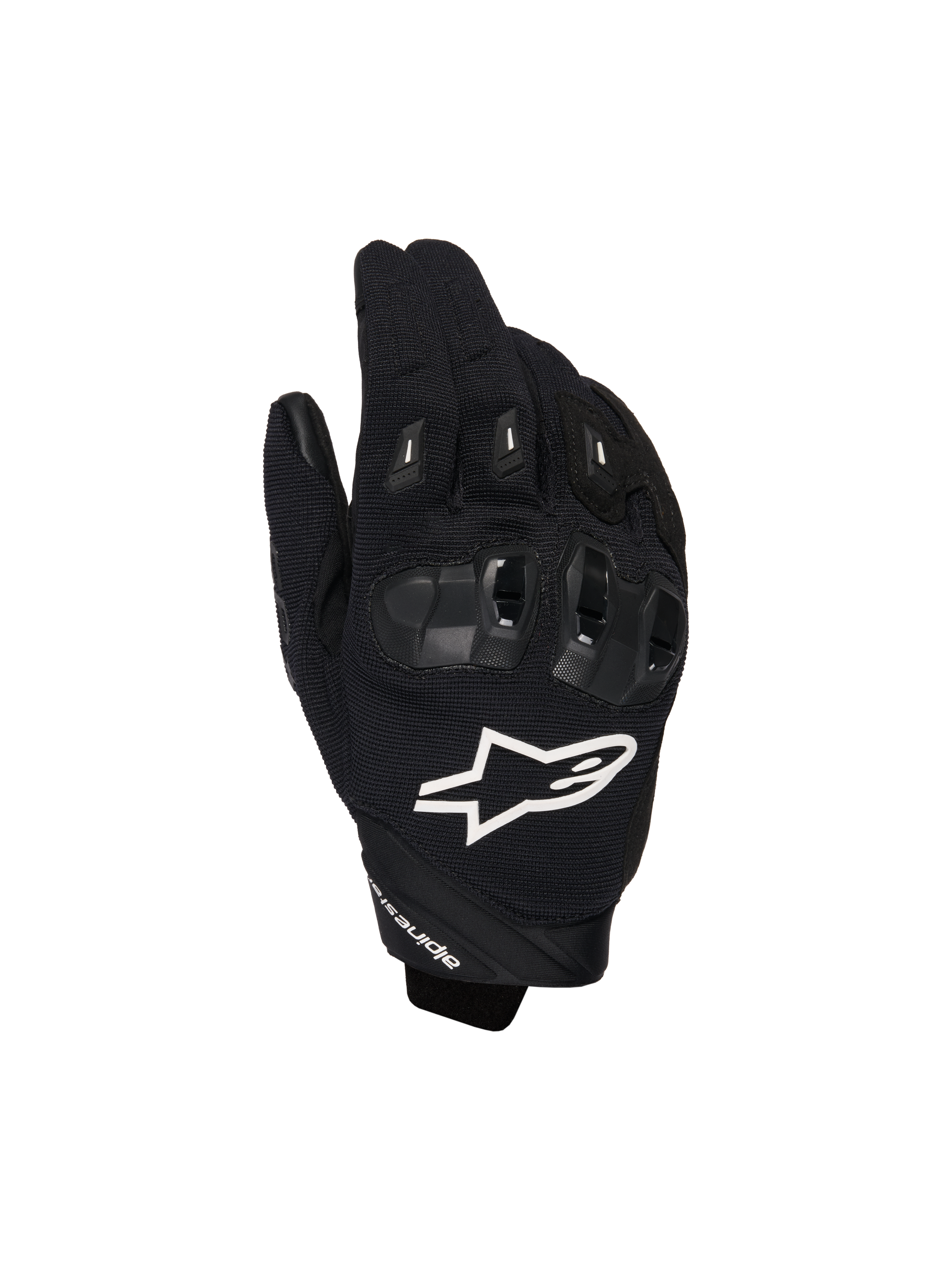 Alpinestars SP X 1 Gloves, Motorcycle Sport Gloves, Black with White Logo, top view showing TPR knuckle protection and ventilated mesh fabric, protective gear for road and sport riding