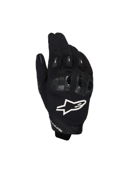 Alpinestars SP X 1 Gloves, Motorcycle Sport Gloves, Black with White Logo, top view showing TPR knuckle protection and ventilated mesh fabric, protective gear for road and sport riding