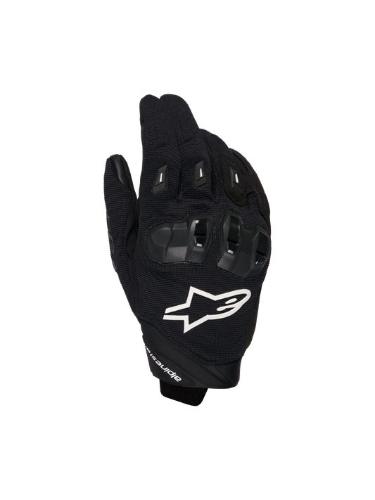 Alpinestars SP X 1 Gloves, Motorcycle Sport Gloves, Black with White Logo, top view showing TPR knuckle protection and ventilated mesh fabric, protective gear for road and sport riding