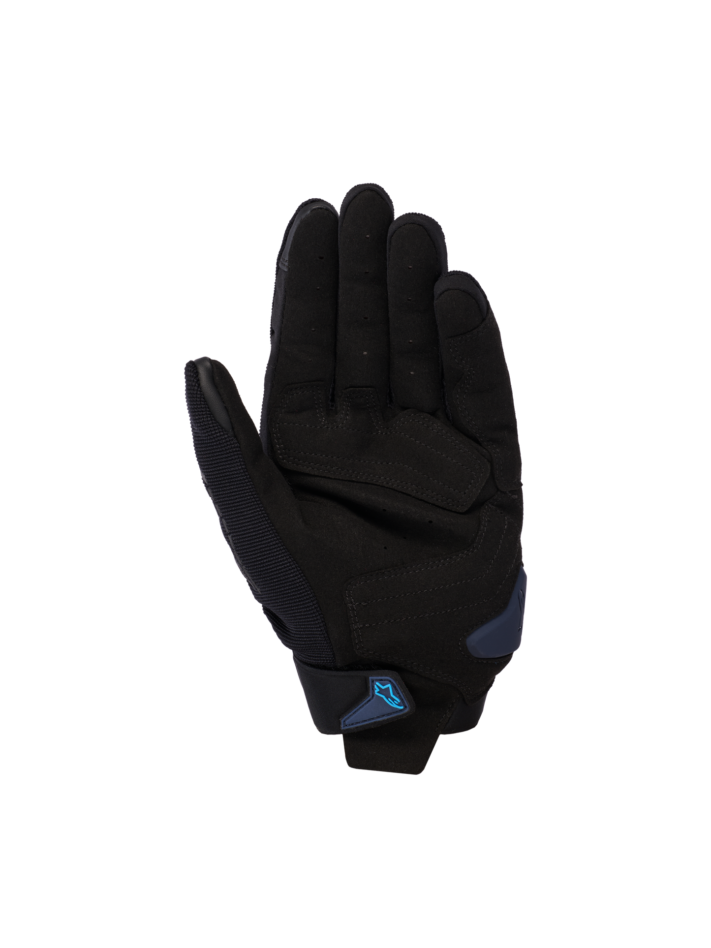 Alpinestars SP X 1 Gloves, Black and Blithe Blue, palm view showing synthetic leather palm with reinforced strike zones, blue palm slider, and wrist strap with blue Alpinestars logo, sport motorcycle road gear