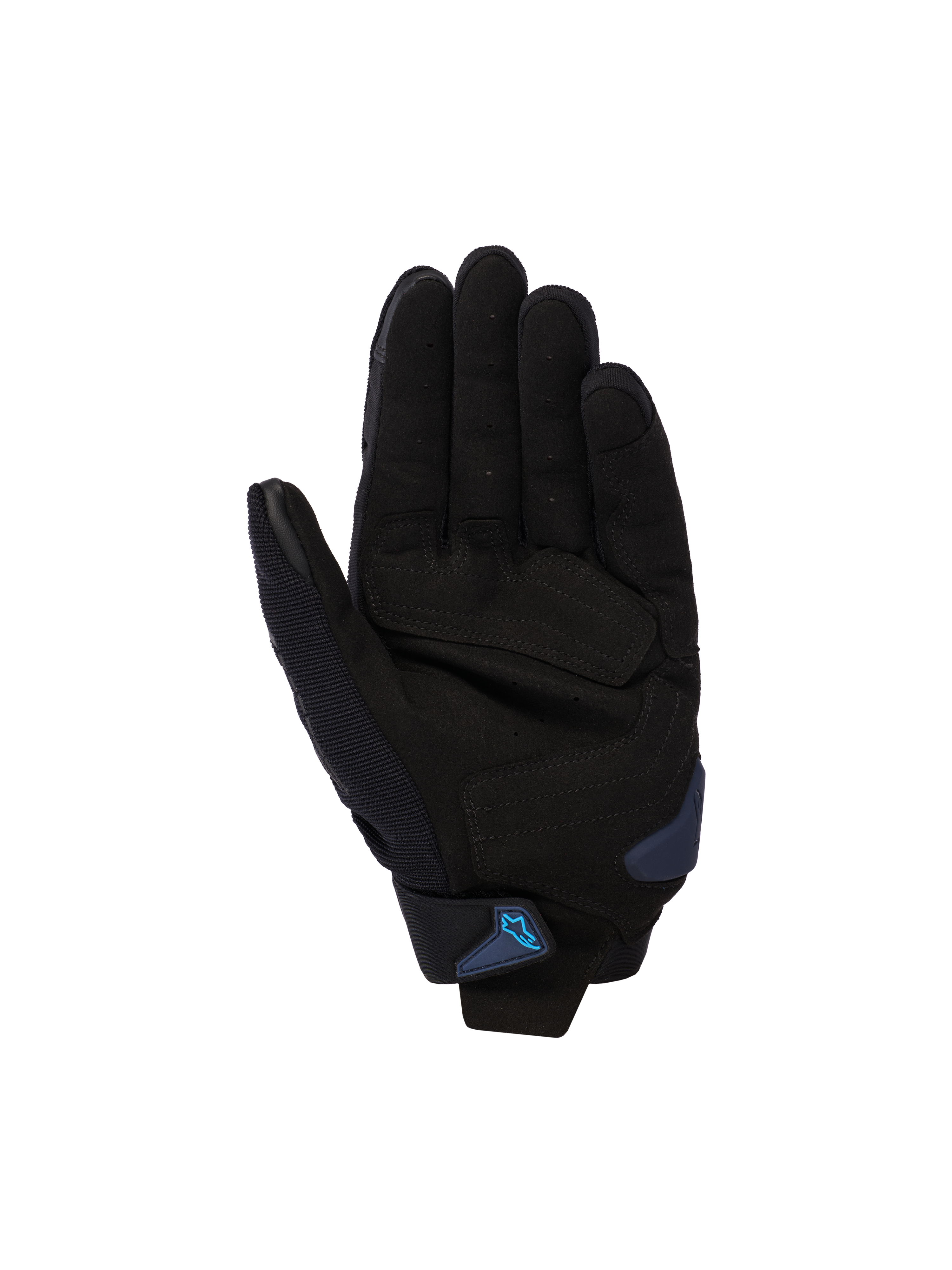 Alpinestars SP X 1 Gloves, Black and Blithe Blue, palm view showing synthetic leather palm with reinforced strike zones, blue palm slider, and wrist strap with blue Alpinestars logo, sport motorcycle road gear