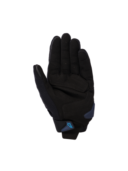 Alpinestars SP X 1 Gloves, Black and Blithe Blue, palm view showing synthetic leather palm with reinforced strike zones, blue palm slider, and wrist strap with blue Alpinestars logo, sport motorcycle road gear