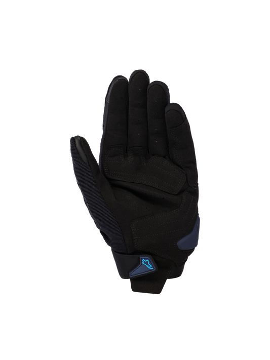 Alpinestars SP X 1 Gloves, Black and Blithe Blue, palm view showing synthetic leather palm with reinforced strike zones, blue palm slider, and wrist strap with blue Alpinestars logo, sport motorcycle road gear