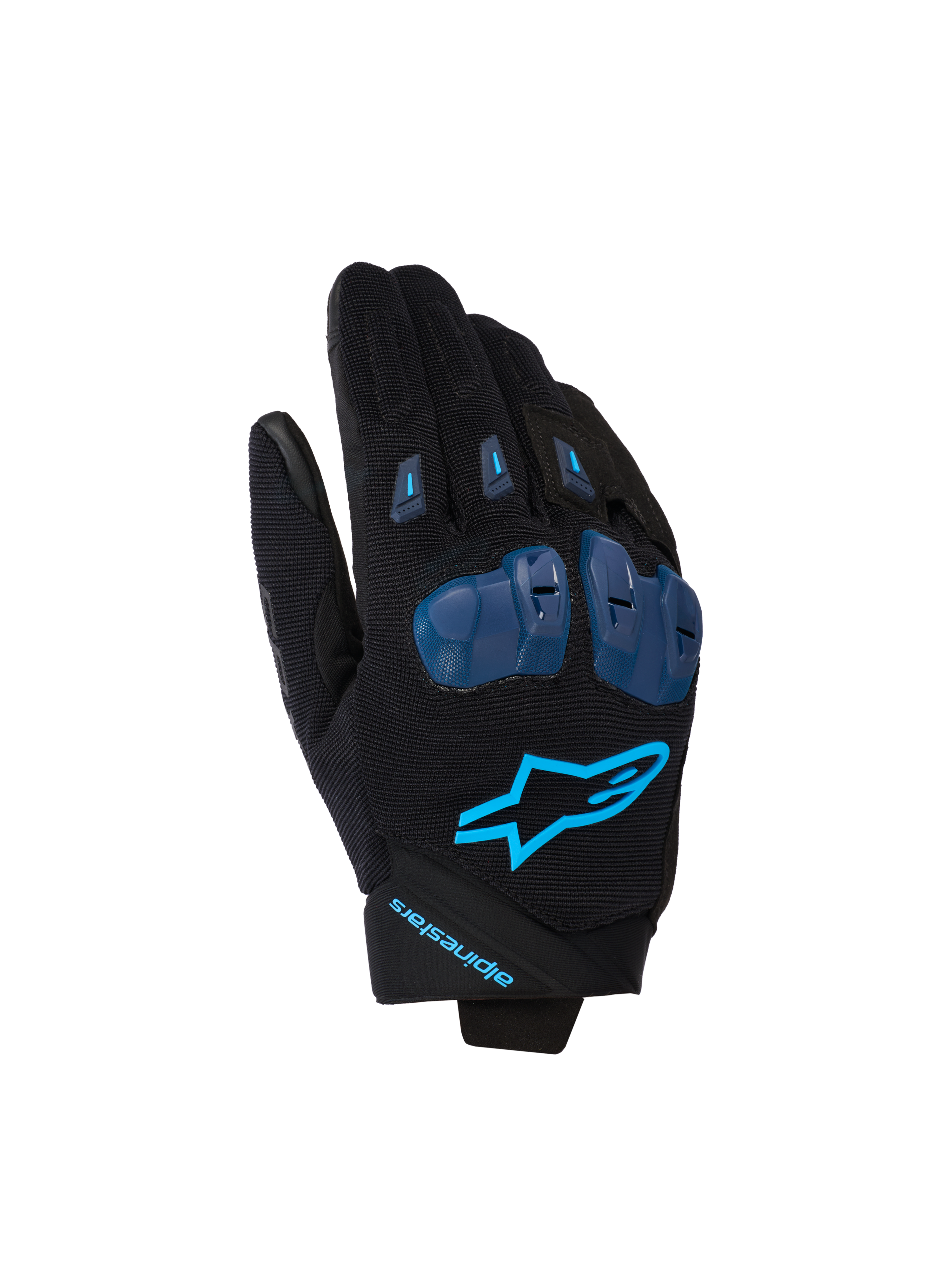 Alpinestars SP X 1 Gloves, Motorcycle Racing Gloves, Black and Blithe Blue, featuring blue TPR knuckle protectors, bright blue star logo on backhand, stretch fabric construction, sleek sport design with performance-focused details