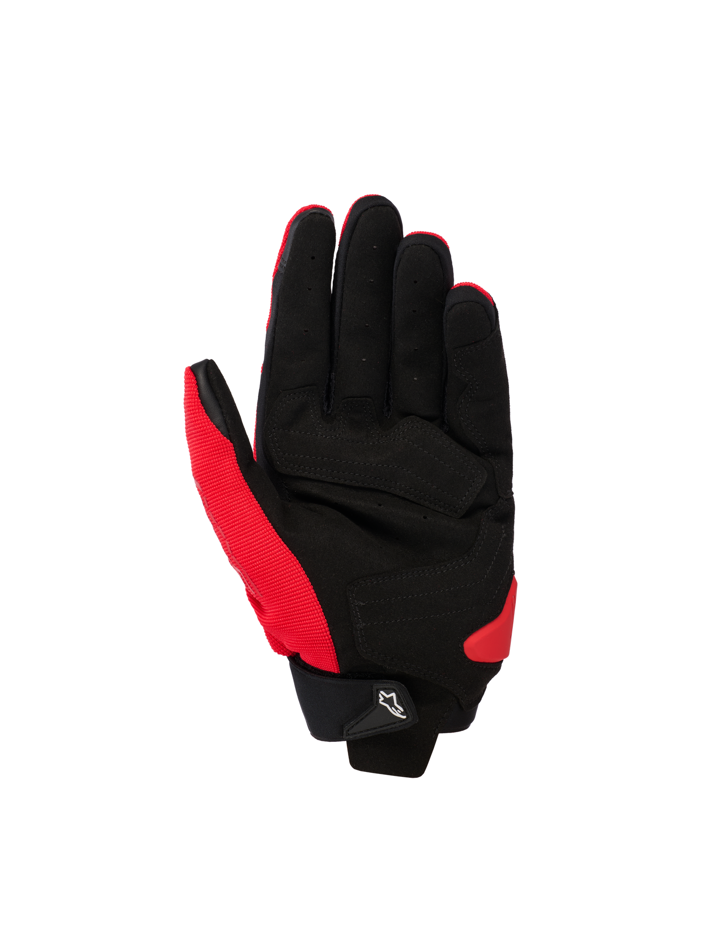Alpinestars SP X 1 Gloves, Sport Motorcycle Gloves, Bright Red and Black, palm view showing synthetic leather palm with reinforced zones, red stretch fabric on the side and thumb, black cuff with a small white Astars logo pull tab, and red TPR palm slider