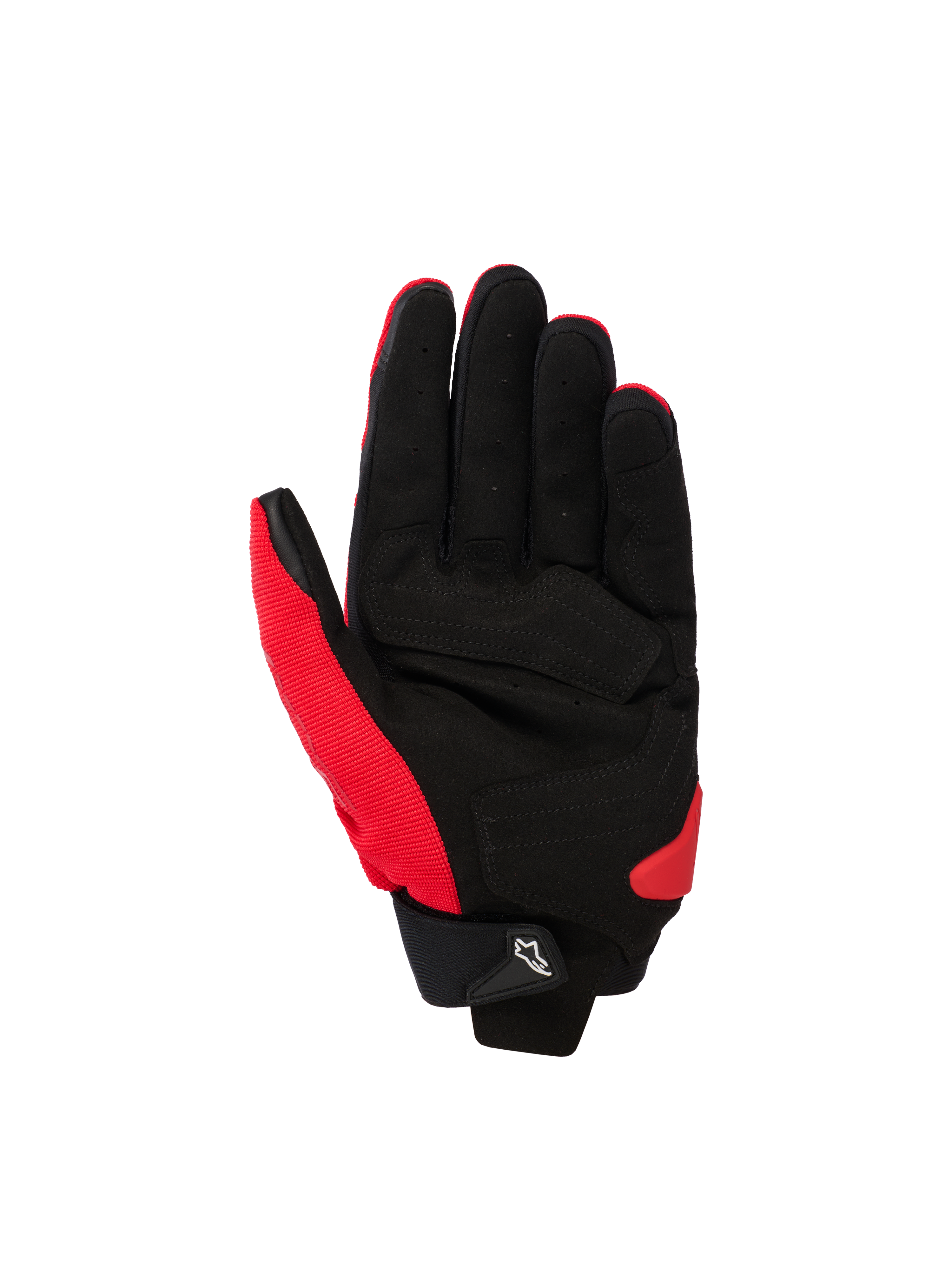 Alpinestars SP X 1 Gloves, Sport Motorcycle Gloves, Bright Red and Black, palm view showing synthetic leather palm with reinforced zones, red stretch fabric on the side and thumb, black cuff with a small white Astars logo pull tab, and red TPR palm slider