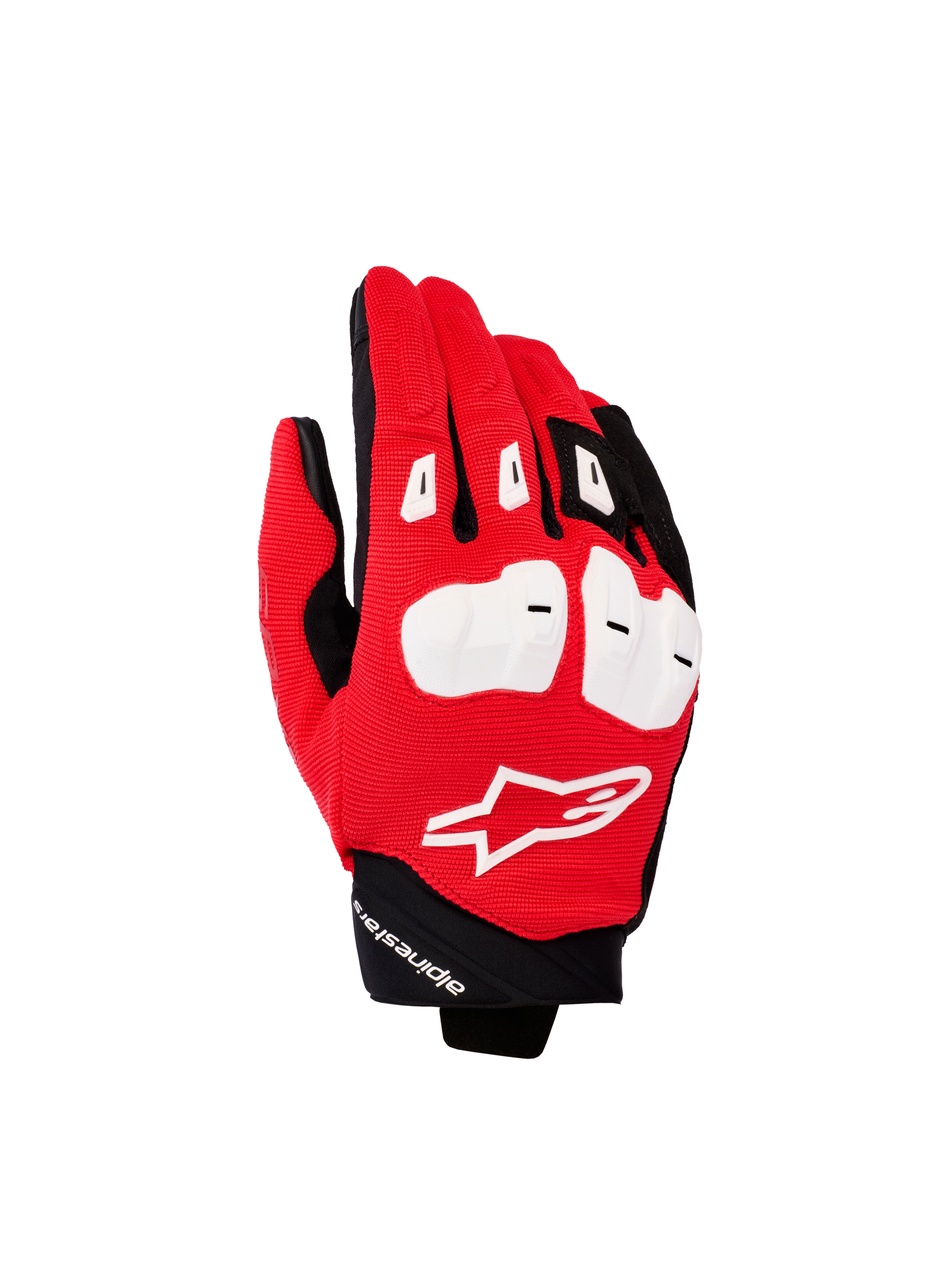 Alpinestars SP X 1 Gloves, Motorcycle Sport Gloves, Bright Red Black and White, featuring white TPR knuckle protectors, textured red fabric backhand with white Astars logo, and short black cuff, performance riding gear