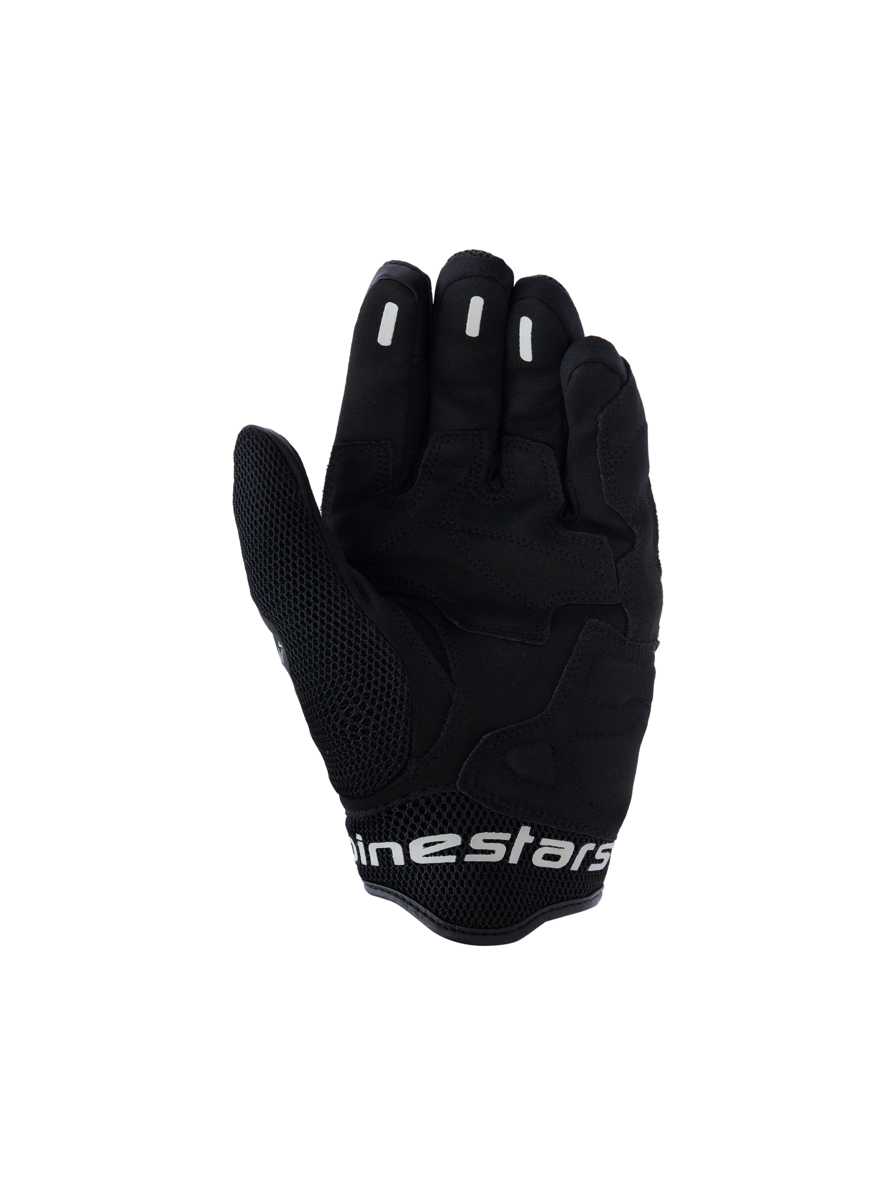 Alpinestars Mogress Airflow Gloves, Urban Motorcycle Gloves, Anthracite Black, palm view featuring synthetic reinforcements and 3D mesh zones, silicone grip inserts on fingers, short cuff with white branding