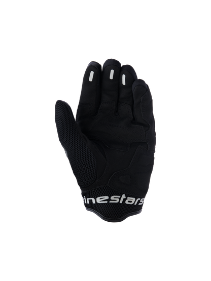 Alpinestars Mogress Airflow Gloves, Urban Motorcycle Gloves, Anthracite Black, palm view featuring synthetic reinforcements and 3D mesh zones, silicone grip inserts on fingers, short cuff with white branding