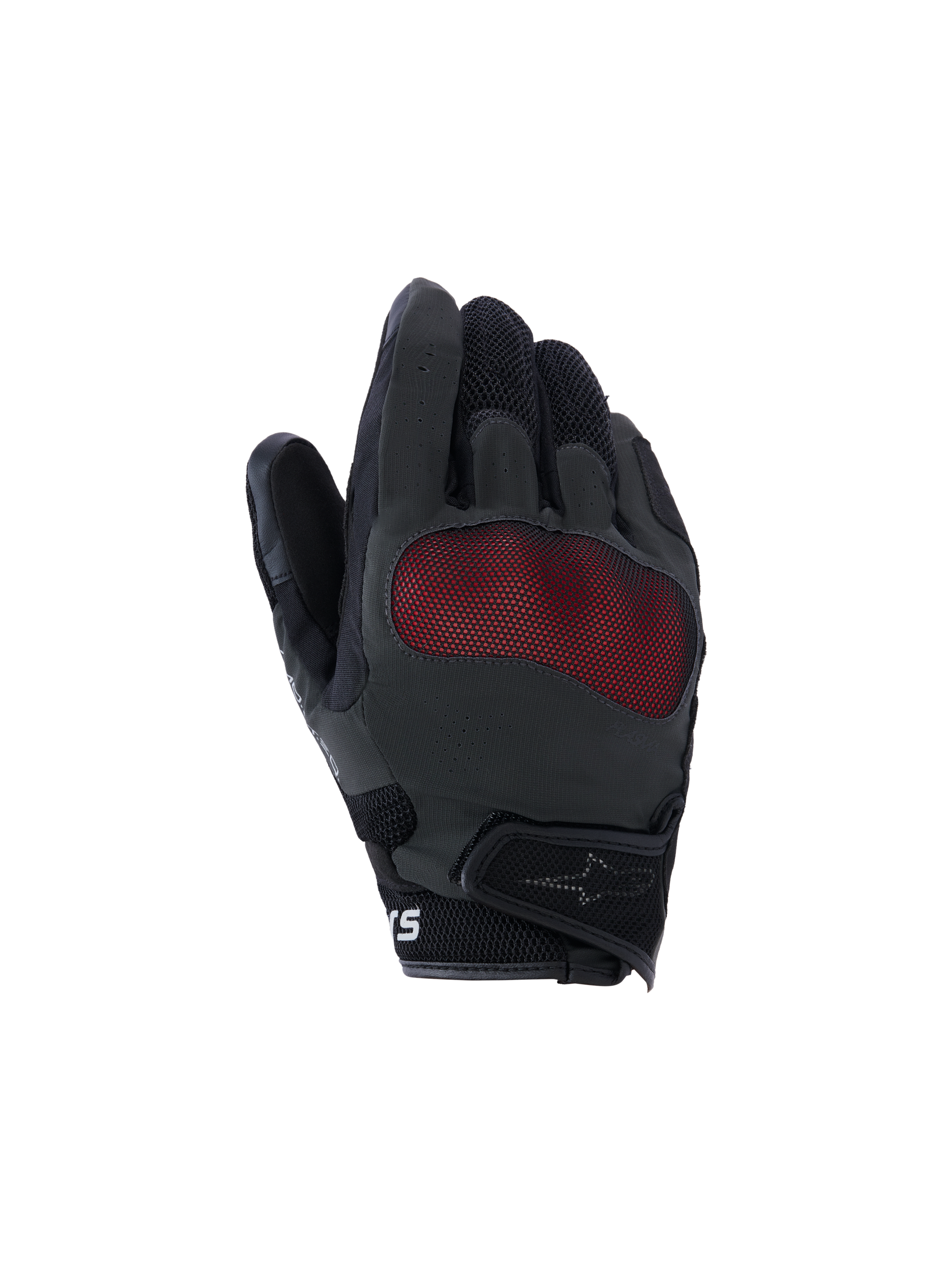 Alpinestars Mogress Airflow Gloves, Motorcycle Riding Gloves, Black and Red, backhand view featuring red mesh knuckle protection, 3D breathable mesh panels, short cuff design with hook-and-loop strap, urban riding style