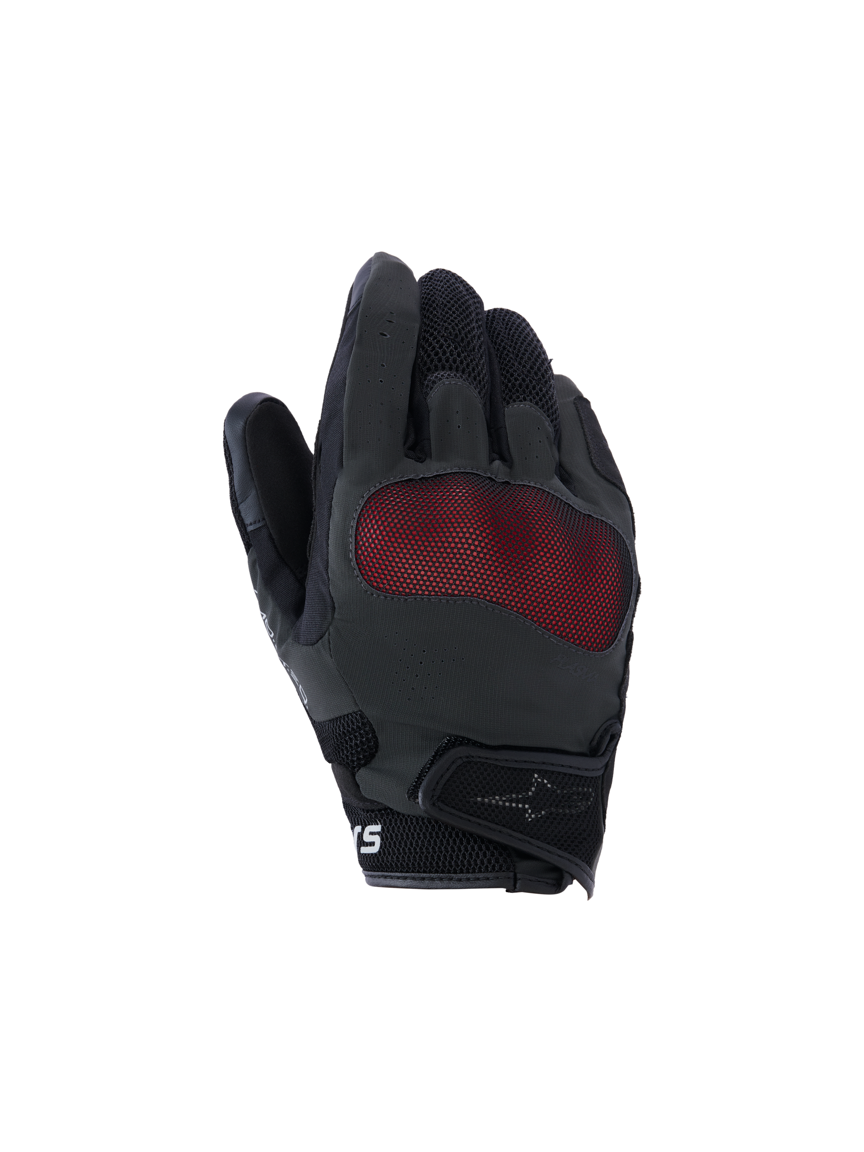 Alpinestars Mogress Airflow Gloves, Motorcycle Riding Gloves, Black and Red, backhand view featuring red mesh knuckle protection, 3D breathable mesh panels, short cuff design with hook-and-loop strap, urban riding style