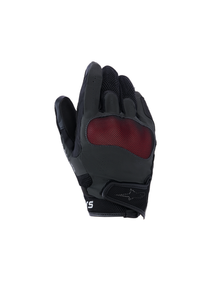 Alpinestars Mogress Airflow Gloves, Motorcycle Riding Gloves, Black and Red, backhand view featuring red mesh knuckle protection, 3D breathable mesh panels, short cuff design with hook-and-loop strap, urban riding style