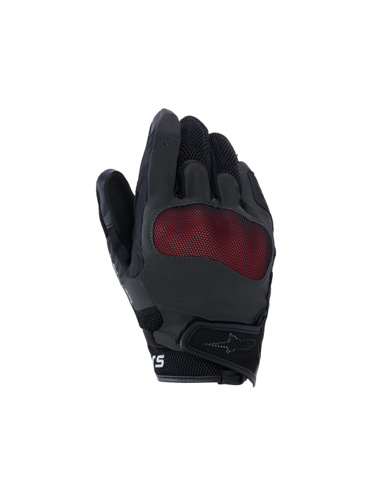 Alpinestars Mogress Airflow Gloves, Motorcycle Riding Gloves, Black and Red, backhand view featuring red mesh knuckle protection, 3D breathable mesh panels, short cuff design with hook-and-loop strap, urban riding style