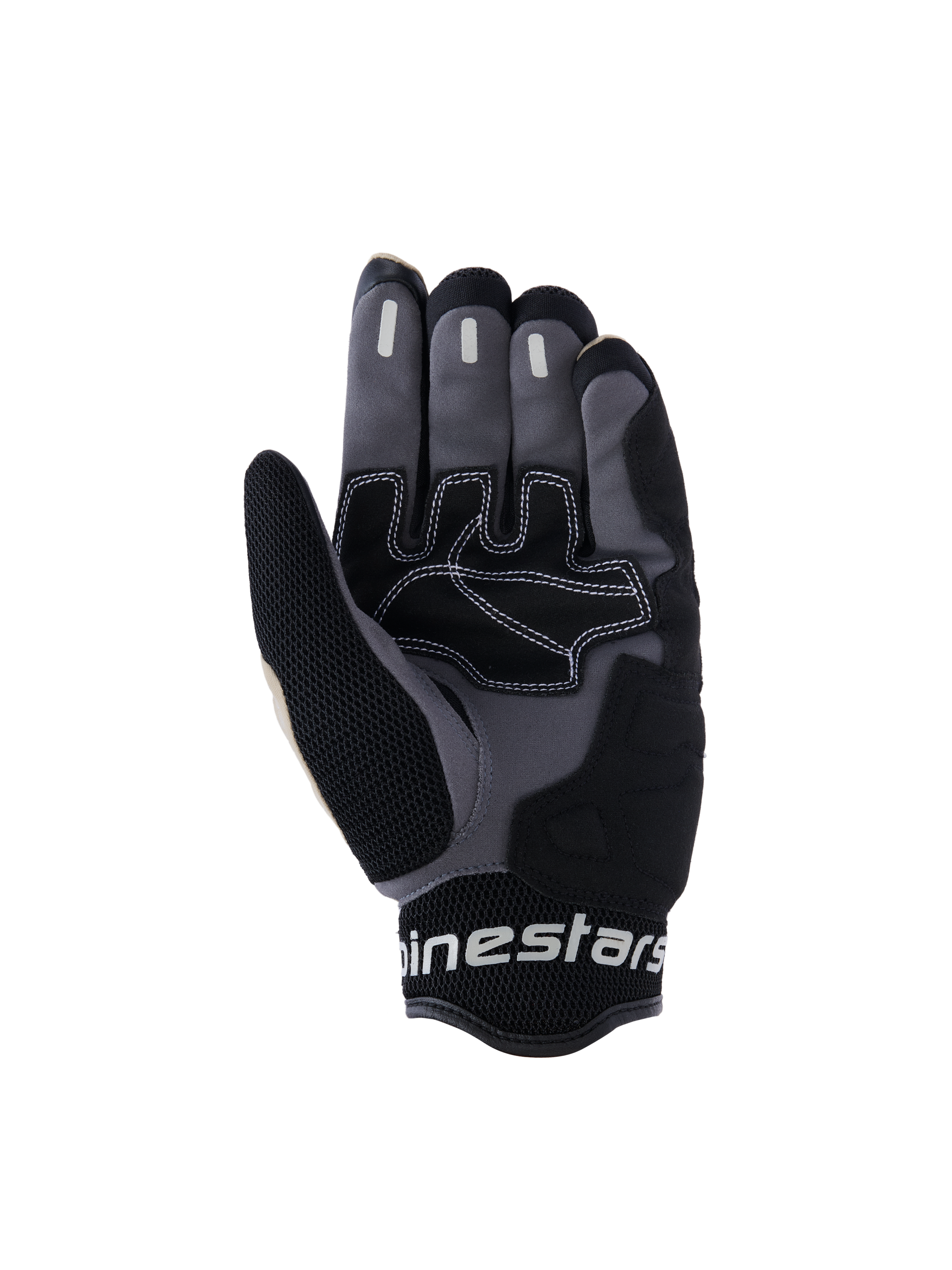 Alpinestars Mogress Airflow Gloves, Urban Motorcycle Gloves, Aluminum Black and Gray, palm view featuring synthetic reinforcements with white contrast stitching, silicone grip zones on fingers, and breathable 3D mesh cuff with white Alpinestars branding.
