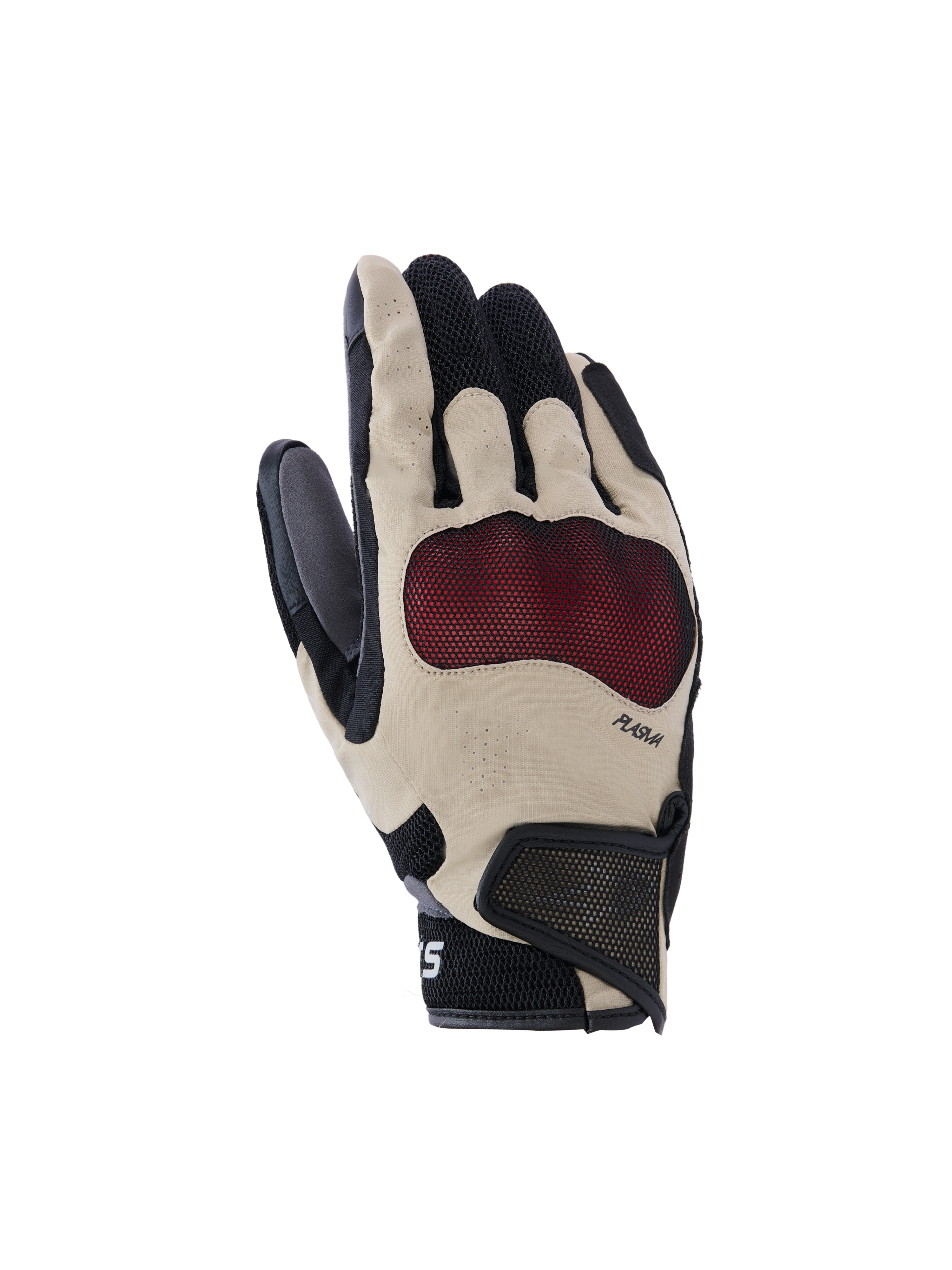 Alpinestars Mogress Airflow Gloves, Motorcycle Gloves, Beige Black and Red, featuring red Nucleon Plasma knuckle protection, laser-perforated fingers, 3D mesh panels for airflow, and a short cuff with Velcro strap