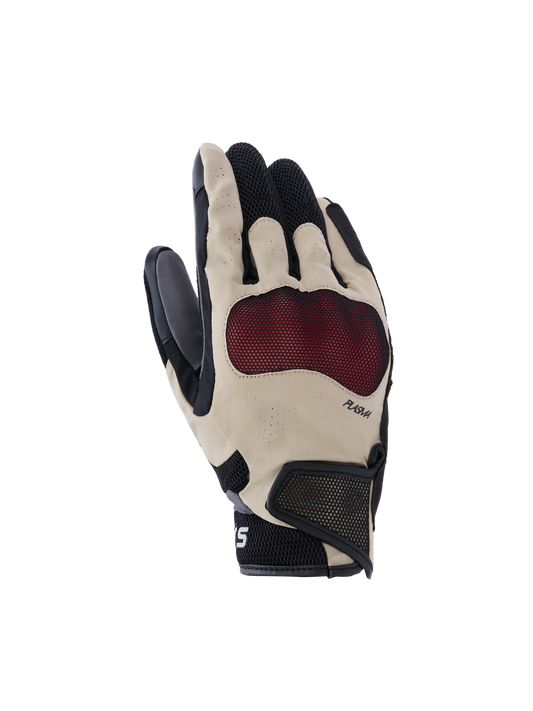 Alpinestars Mogress Airflow Gloves, Motorcycle Gloves, Beige Black and Red, featuring red Nucleon Plasma knuckle protection, laser-perforated fingers, 3D mesh panels for airflow, and a short cuff with Velcro strap