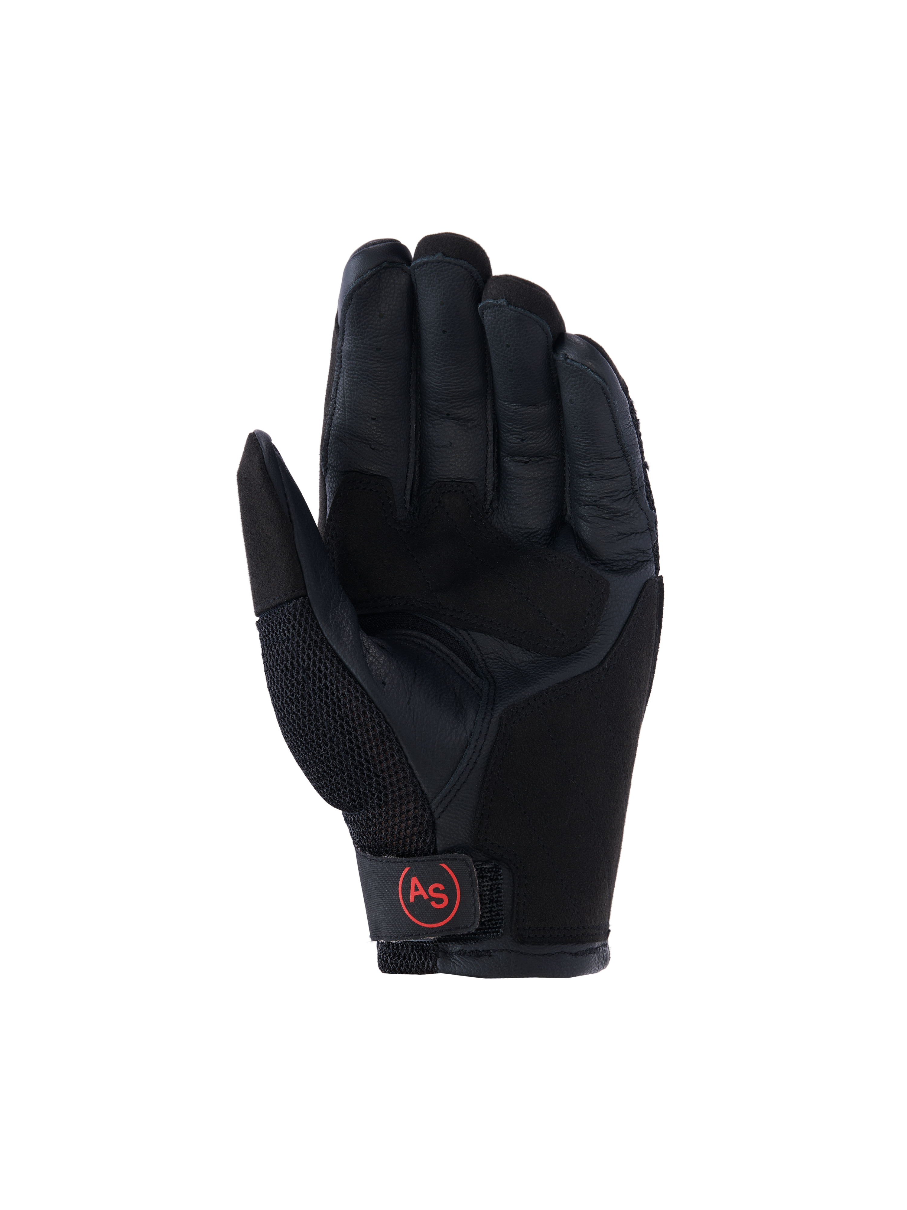 Alpinestars Manti Air Gloves, Adventure Motorcycle Gloves, Black, palm view featuring reinforced leather palm, breathable mesh on the thumb, and red circular 'AS' logo on the wrist closure.