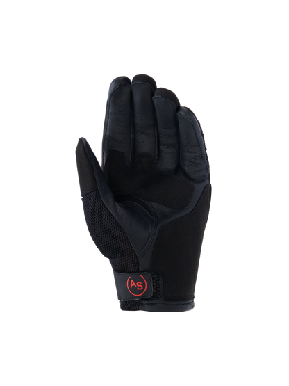 Alpinestars Manti Air Gloves, Adventure Motorcycle Gloves, Black, palm view featuring reinforced leather palm, breathable mesh on the thumb, and red circular 'AS' logo on the wrist closure.