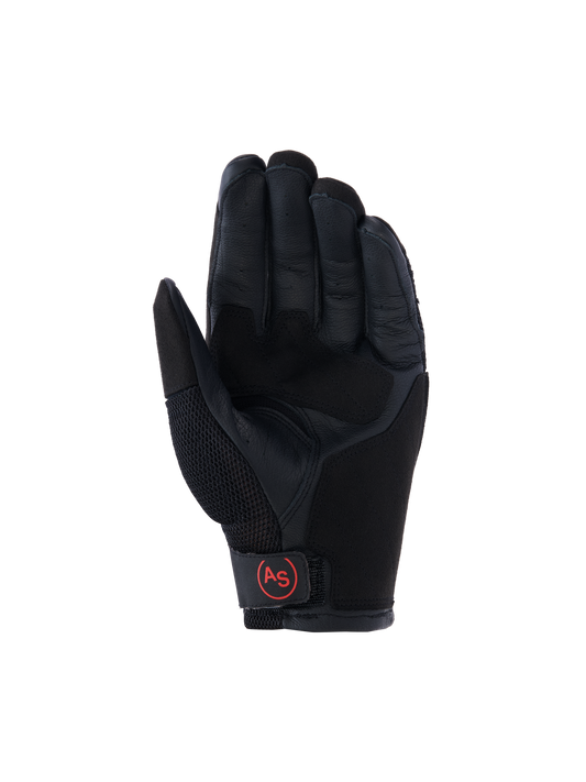 Alpinestars Manti Air Gloves, Adventure Motorcycle Gloves, Black, palm view featuring reinforced leather palm, breathable mesh on the thumb, and red circular 'AS' logo on the wrist closure.